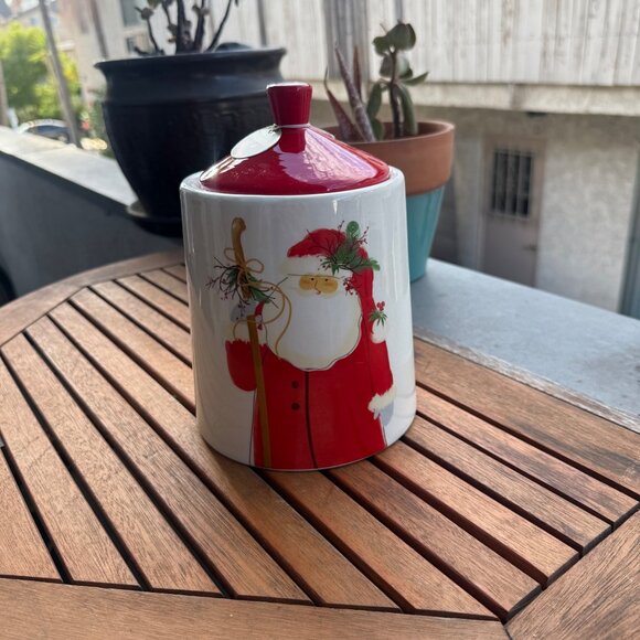 Santa Claus Ceramic Cookie Jar With Red Lid Christmas Themed 7" Tall Floral Bran - Picture 1 of 6